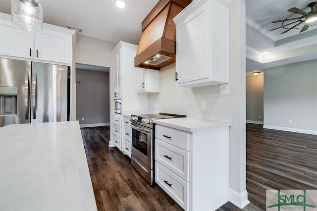 127 Winding Way Rd, Pembroke, GA 31321 - kitchen with stainless steel appliances, custom exhaust hood, a ceiling fan, dark wood-style flooring, and crown molding