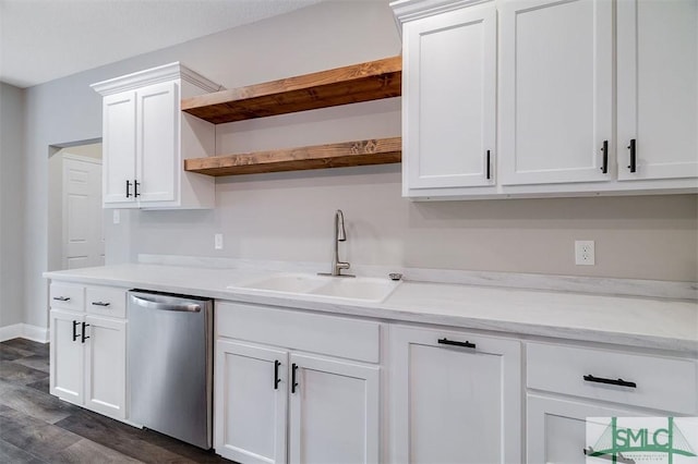 127 Winding Way Rd, Pembroke, GA 31321 - kitchen featuring stainless steel dishwasher, open shelves, white cabinets, and dark wood finished floors