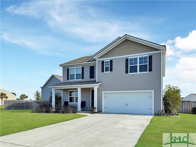 view of front of property featuring a front lawn, a porch, and a garage