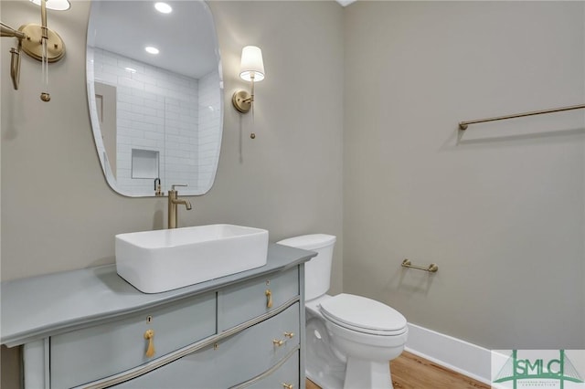 bathroom with vanity, wood-type flooring, and toilet