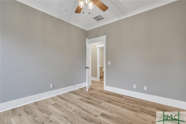 unfurnished room with ceiling fan, light hardwood / wood-style floors, and crown molding