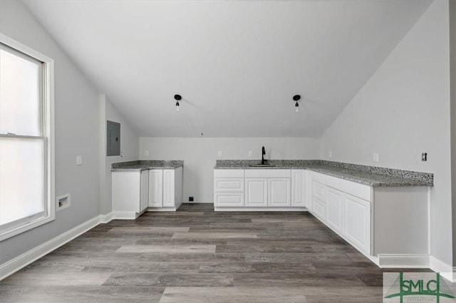 kitchen with electric panel, white cabinets, dark wood-style floors, vaulted ceiling, and a sink