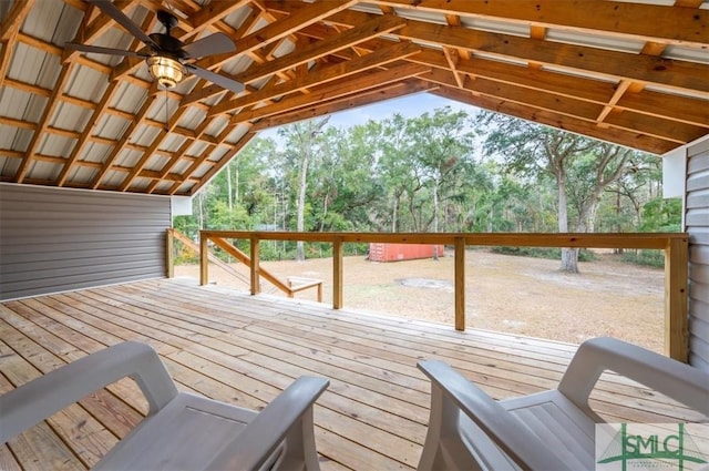 wooden deck featuring ceiling fan