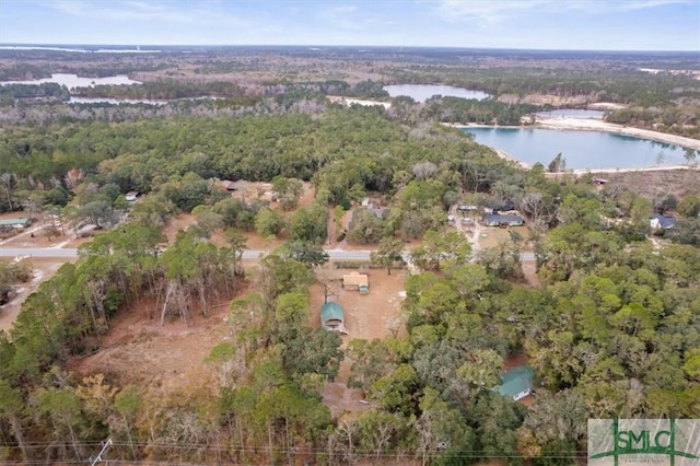 birds eye view of property featuring a water view and a view of trees