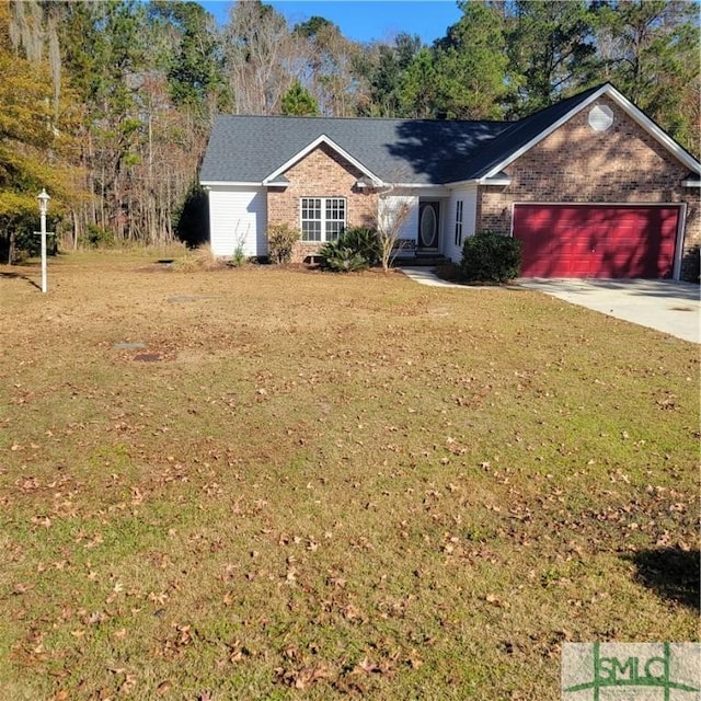 single story home with a front yard and a garage