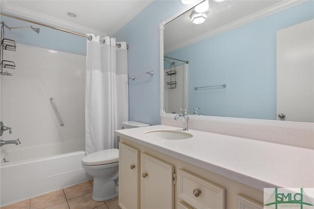 full bathroom with tile patterned flooring, shower / tub combo, toilet, and crown molding