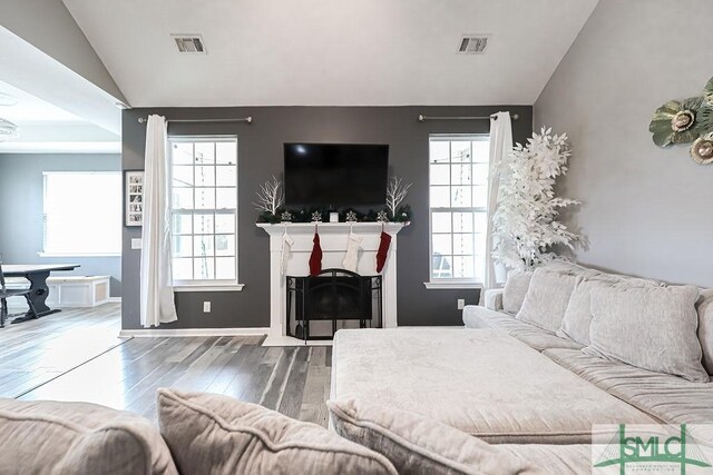 living room featuring a fireplace, wood-type flooring, and lofted ceiling