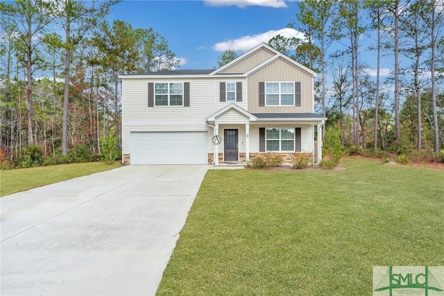 view of front of property featuring a front lawn and a garage