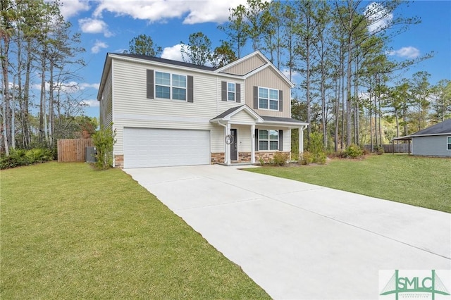 view of front of home featuring central AC, a garage, and a front lawn