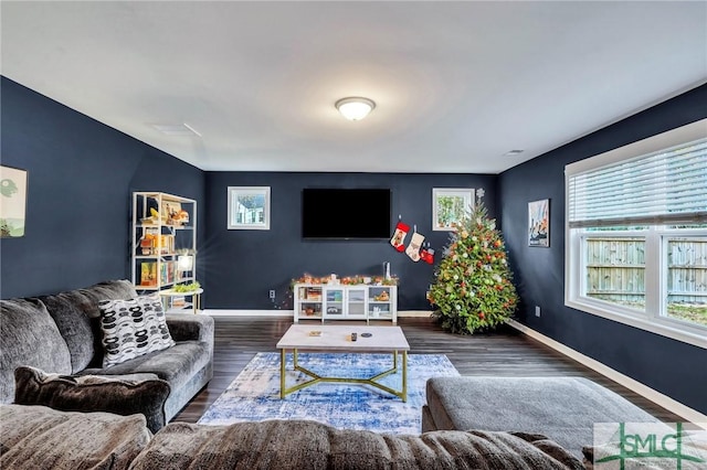 living room with dark hardwood / wood-style flooring