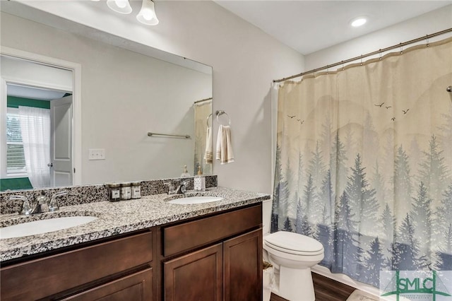 bathroom with hardwood / wood-style floors, vanity, and toilet