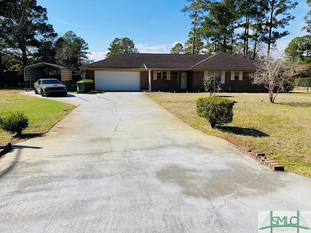 single story home with a carport, a garage, and a front yard