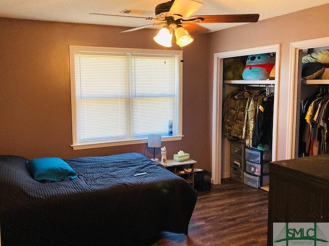 bedroom with a closet, ceiling fan, and dark hardwood / wood-style floors