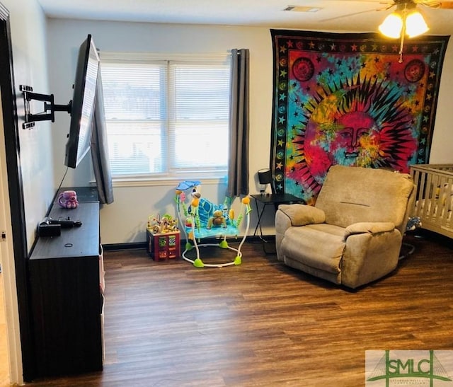 game room featuring ceiling fan and wood-type flooring