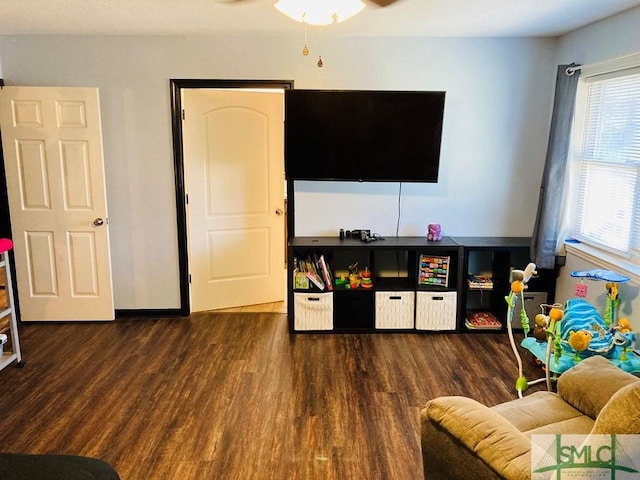 recreation room featuring ceiling fan and dark wood-type flooring