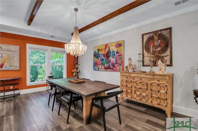 dining room with beam ceiling, crown molding, dark hardwood / wood-style floors, and an inviting chandelier