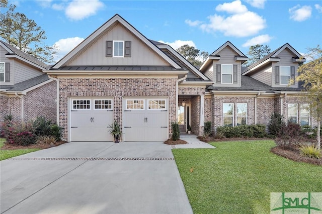 craftsman-style house with a garage, brick siding, concrete driveway, a front lawn, and a standing seam roof