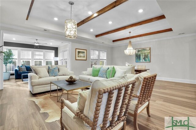 living room with recessed lighting, baseboards, light wood-style floors, ornamental molding, and beamed ceiling