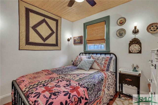 bedroom with ceiling fan and wood ceiling