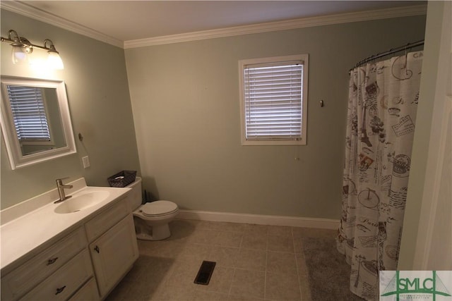 bathroom with a shower with shower curtain, ornamental molding, vanity, tile patterned flooring, and toilet