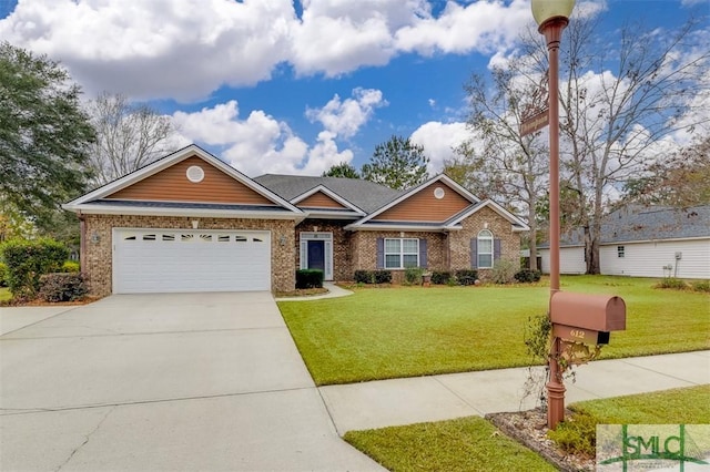 ranch-style house featuring a garage and a front lawn