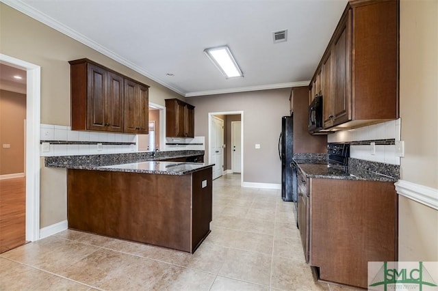 kitchen featuring black appliances, dark stone countertops, light tile patterned floors, and crown molding