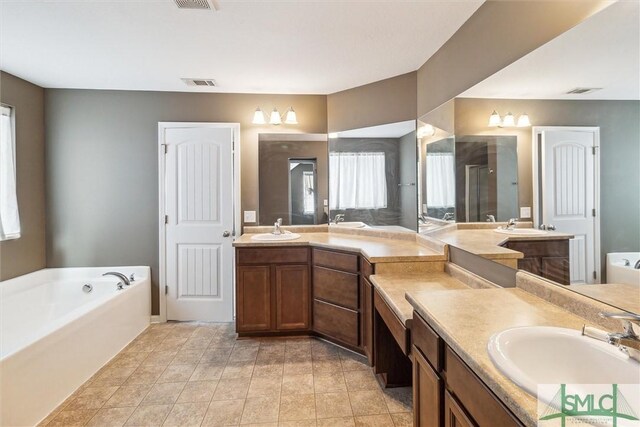 bathroom featuring vanity, plenty of natural light, and a tub