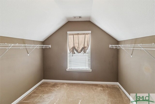 walk in closet with carpet flooring and vaulted ceiling