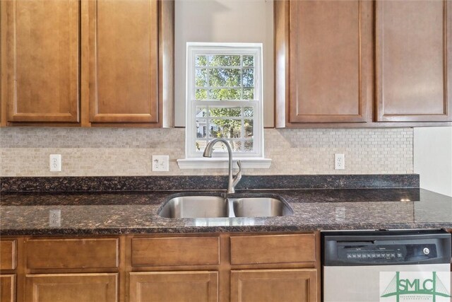 kitchen featuring dishwasher, sink, dark stone counters, and tasteful backsplash