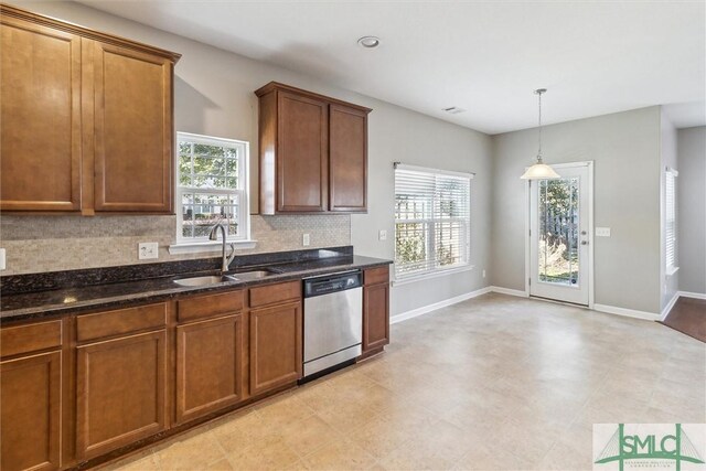 kitchen featuring stainless steel dishwasher, sink, a wealth of natural light, and tasteful backsplash