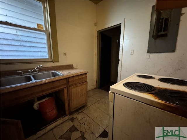 kitchen featuring electric panel, sink, and white electric range