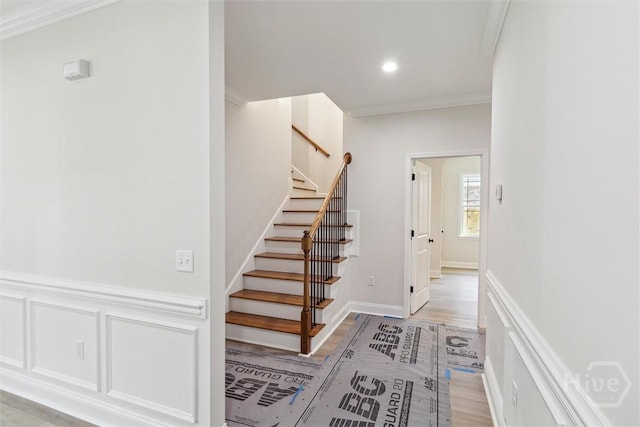 130 N Skinner Ave, Pooler, GA 31322 - staircase with ornamental molding, wood finished floors, and recessed lighting