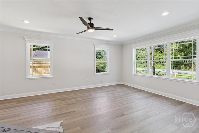 130 N Skinner Ave, Pooler, GA 31322 - unfurnished room with ornamental molding, ceiling fan, light wood-style floors, baseboards, and recessed lighting