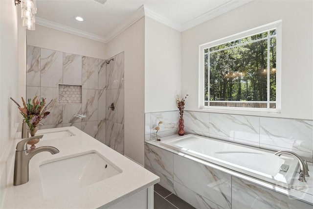 130 N Skinner Ave, Pooler, GA 31322 - full bath featuring double vanity, a bath, ornamental molding, a marble finish shower, and recessed lighting