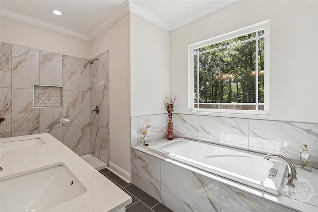 130 N Skinner Ave, Pooler, GA 31322 - full bathroom with a bath, a marble finish shower, double vanity, and crown molding
