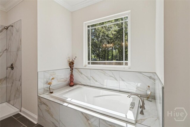 130 N Skinner Ave, Pooler, GA 31322 - bathroom with crown molding, a marble finish shower, a bath, tile patterned floors, and baseboards