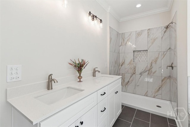 130 N Skinner Ave, Pooler, GA 31322 - full bathroom featuring crown molding, a marble finish shower, double vanity, and tile patterned floors