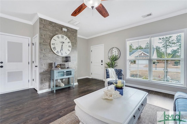 living room featuring crown molding and dark wood-type flooring