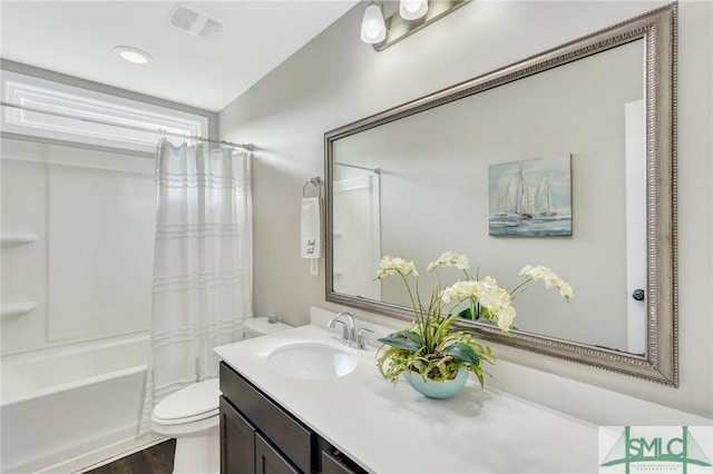 full bathroom featuring shower / bath combo, vanity, toilet, and wood-type flooring