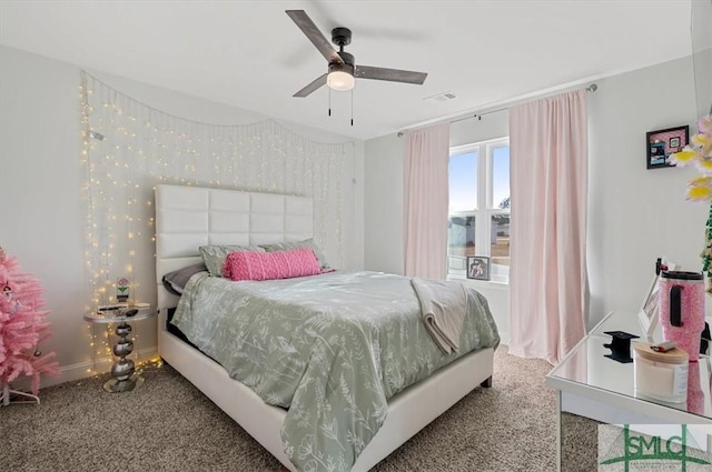 bedroom featuring carpet flooring and ceiling fan