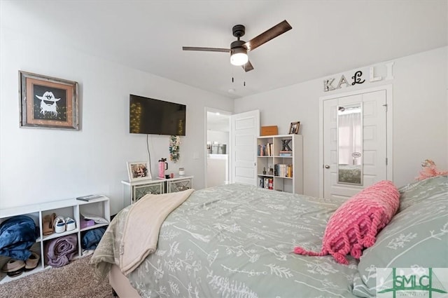 bedroom featuring carpet and ceiling fan