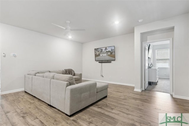 living room with ceiling fan and hardwood / wood-style floors