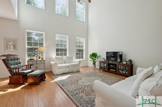 living room featuring a high ceiling and hardwood / wood-style flooring