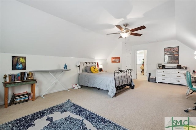 bedroom with carpet floors, ceiling fan, and lofted ceiling