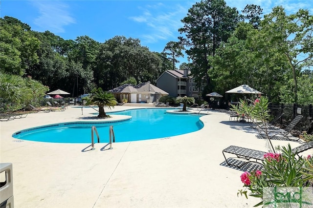 view of swimming pool with a patio