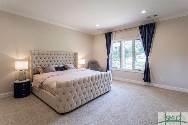 carpeted bedroom featuring ornamental molding