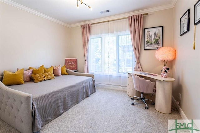 bedroom featuring carpet and ornamental molding