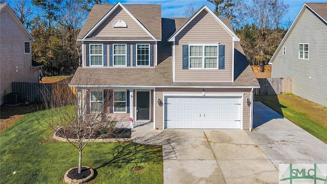 view of front of property featuring central AC, a front yard, and a garage