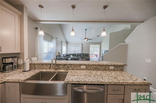 kitchen featuring light stone countertops, vaulted ceiling, ceiling fan, sink, and dishwasher