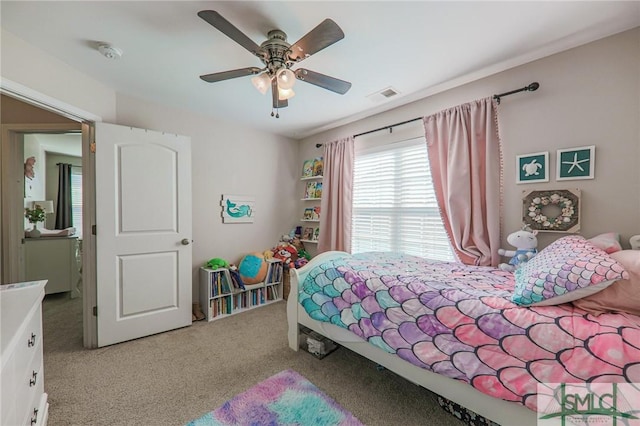 bedroom featuring carpet flooring and ceiling fan